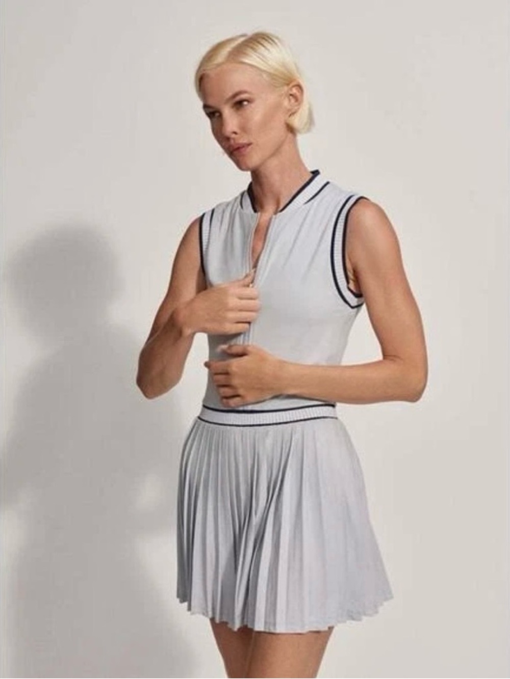 Varley Light Grey Sleeveless Pleated Tennis Dress with Navy Trim